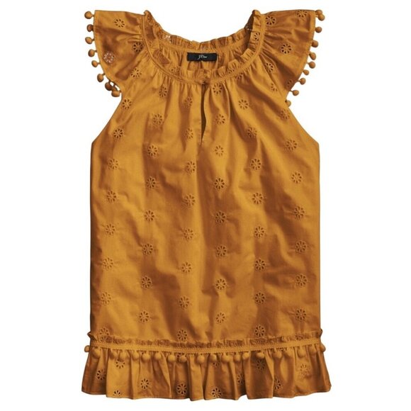 J.Crew Eyelet Pom-Pom flutter sleeve Poplin Cotton Golden Yellow Top Size S - Picture 1 of 12